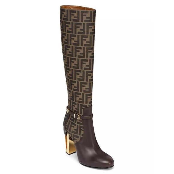 Fendi 105mm Traced Brown Leather Monogram FF Logo Motif Knee High Heel Boot 37 - Picture 6 of 16